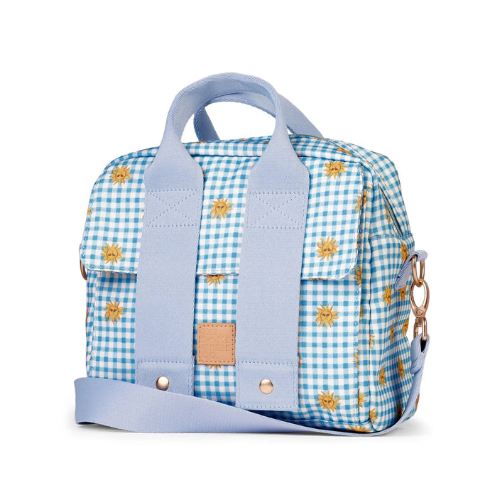 Blue and white checkered bag with sun patterns on a white background