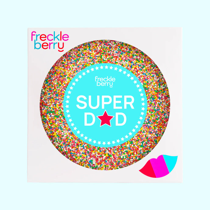 Freckle berry giant chocolate freckle product with 'Super Dad' text on box