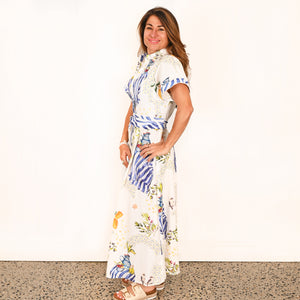 "Willow" Short Sleeve Maxi Dress in Tables in Paradise Print - Palm Cove