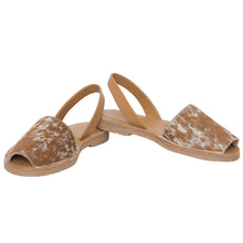 Load image into Gallery viewer, Tan &amp; White Cowhide Peep Toe Slingback