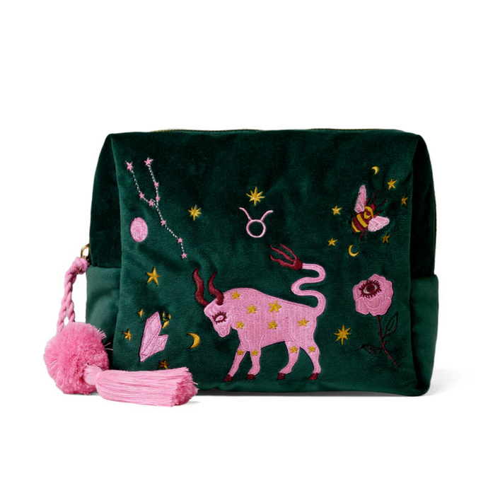 Green pouch with pink bull design and Taurus symbols on a white background