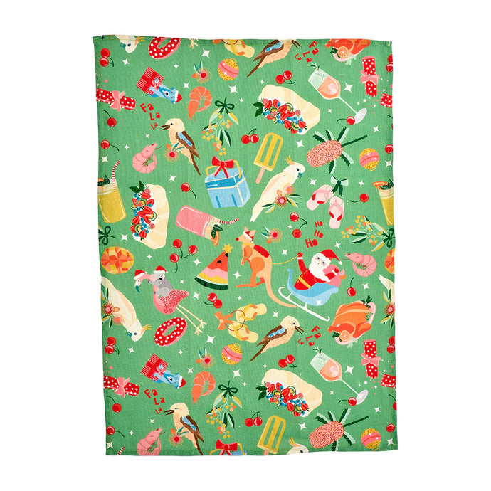 Holiday Green Linen Tea Towel