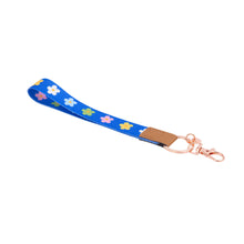 Load image into Gallery viewer, Blue Floral Fabric Wristlet Keychain