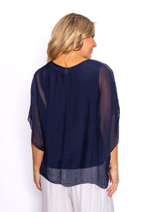 Tiana Navy Silk Top with Sequin Shoulder