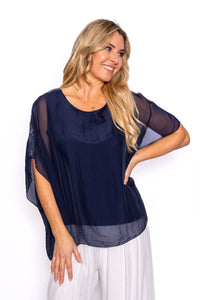 Tiana Navy Silk Top with Sequin Shoulder