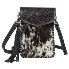 Load image into Gallery viewer, Black &amp; White Tole Tooled Leather Cowhide Phone Bag