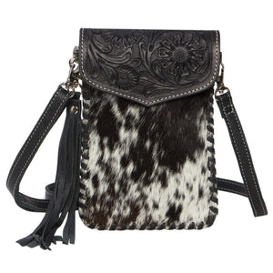 Black & White Tole Tooled Leather Cowhide Phone Bag