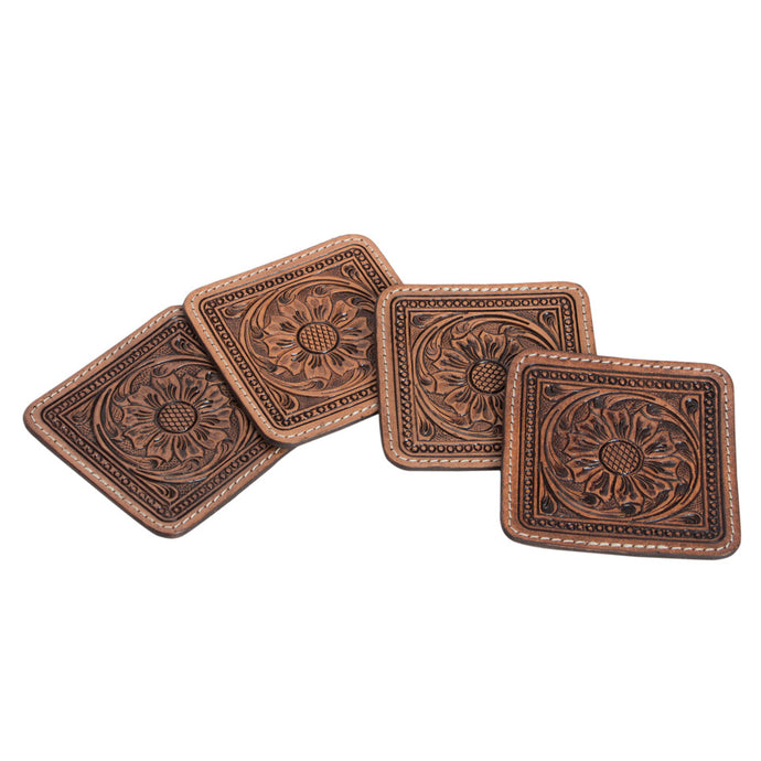 Coasters Brown Tooled Leather - Set of 4