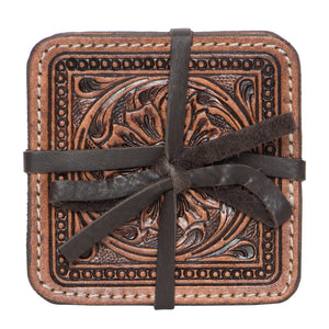 Coasters Brown Tooled Leather - Set of 4