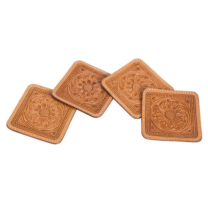 Coasters Tan Tooled Leather - Set of 4