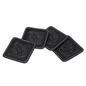 Coasters Black Tooled Leather - Set of 4
