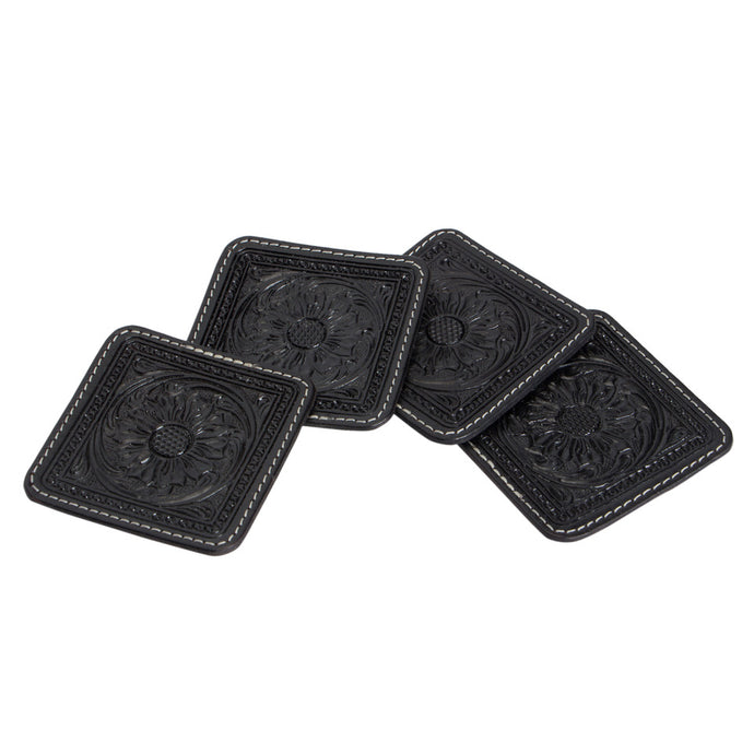 Coasters Black Tooled Leather - Set of 4