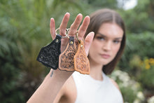 Load image into Gallery viewer, Brown Tooled Leather &amp; Cowhide Cattle Tag Keyring