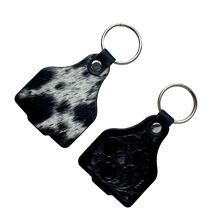 Load image into Gallery viewer, Black Tooled Leather &amp; Cowhide Cattle Tag Keyring