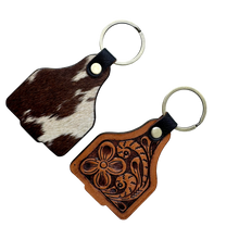 Load image into Gallery viewer, Brown Tooled Leather &amp; Cowhide Cattle Tag Keyring