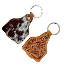 Load image into Gallery viewer, Tan Tooled Leather &amp; Cowhide Cattle Tag Keyring