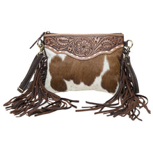 Load image into Gallery viewer, Brown &amp; White Curico Tooled Leather Cowhide Clutch Bag with Fringe