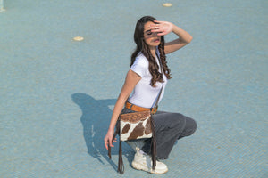 Brown & White Curico Tooled Leather Cowhide Clutch Bag with Fringe