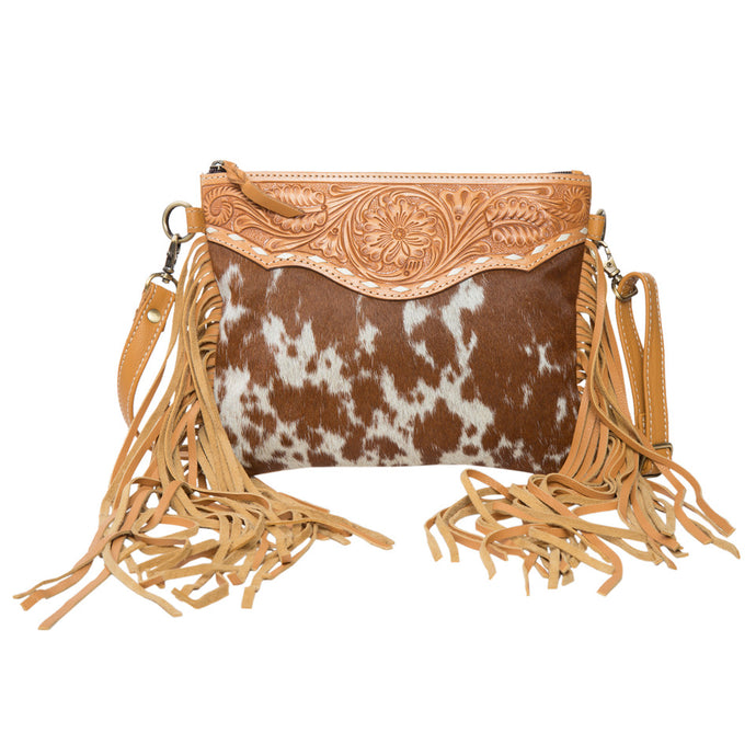 Tan & White Curico Tooled Leather Cowhide Clutch Bag with Fringe