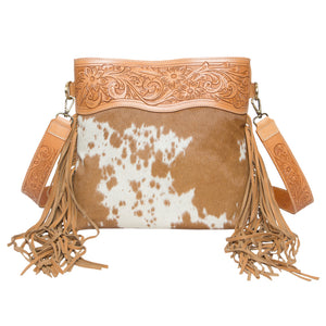 Tan & White Pasto Tooled Leather Medium Sling Cowhide Bag with Fringe