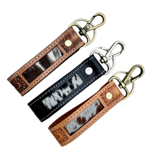 Load image into Gallery viewer, Tan &amp; White Hand Painted Tooled Leather &amp; Cowhide Keyring