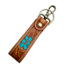 Load image into Gallery viewer, Tan &amp; White Hand Painted Tooled Leather &amp; Cowhide Keyring