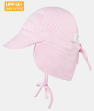 Load image into Gallery viewer, Pink baby sun hat with UPF 50+ label on a white background