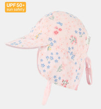 Load image into Gallery viewer, Pink floral-patterned baby sun hat with UPF 50+ label on a white background