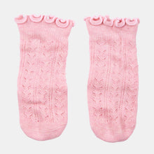 Load image into Gallery viewer, Pair of pink knitted socks with ruffled top on a light gray background