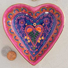 Load image into Gallery viewer, Decorative heart-shaped trinket bowl with colourful patterns on a light grey background