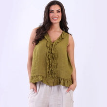 Load image into Gallery viewer, Khaki V-Neck Ruffle Trim 100% Linen Top