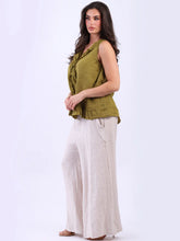 Load image into Gallery viewer, Khaki V-Neck Ruffle Trim 100% Linen Top