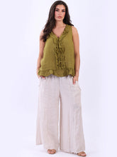 Load image into Gallery viewer, Khaki V-Neck Ruffle Trim 100% Linen Top