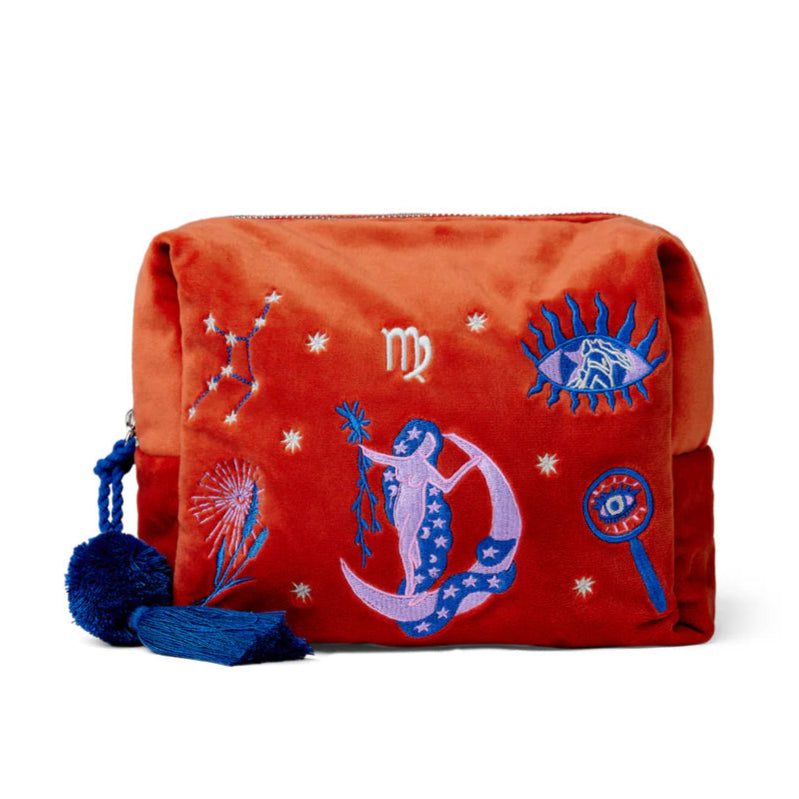 Red bag with virgo zodiac designs on a white background
