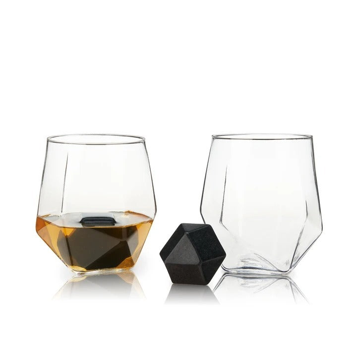 Viski 4 Piece Faceted Tumbler & Hexagonal Basalt Stone Set