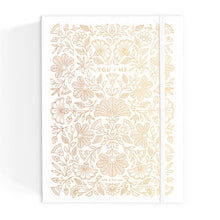 Load image into Gallery viewer, Gold floral patterned wedding journal with &#39;You + Me&#39; text on a white background