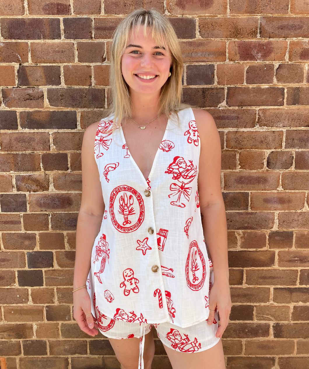 White Sleeveless Side Panel Top & Short Set With Santa Print - By Frankie