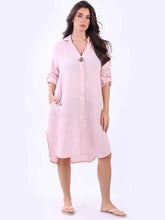Load image into Gallery viewer, Pink 100% Linen Dress with Collar &amp; Rolled Sleeves