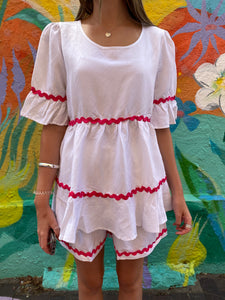 White/Pink Baret Butterfly Sleeve Top & Shorts Set