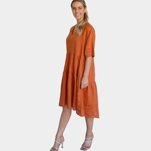 Linen V Neck Dress - Rust