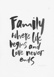 Family where life begins and love never ends-Paper & Ink-Hand Karma typography hand drawn art prints australia hand drawn karma word art