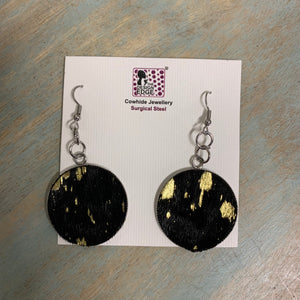 Cowhide Round Drop Earrings - Black & Gold
