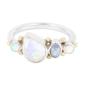 Cluster Moonstone & Opal Silver Ring